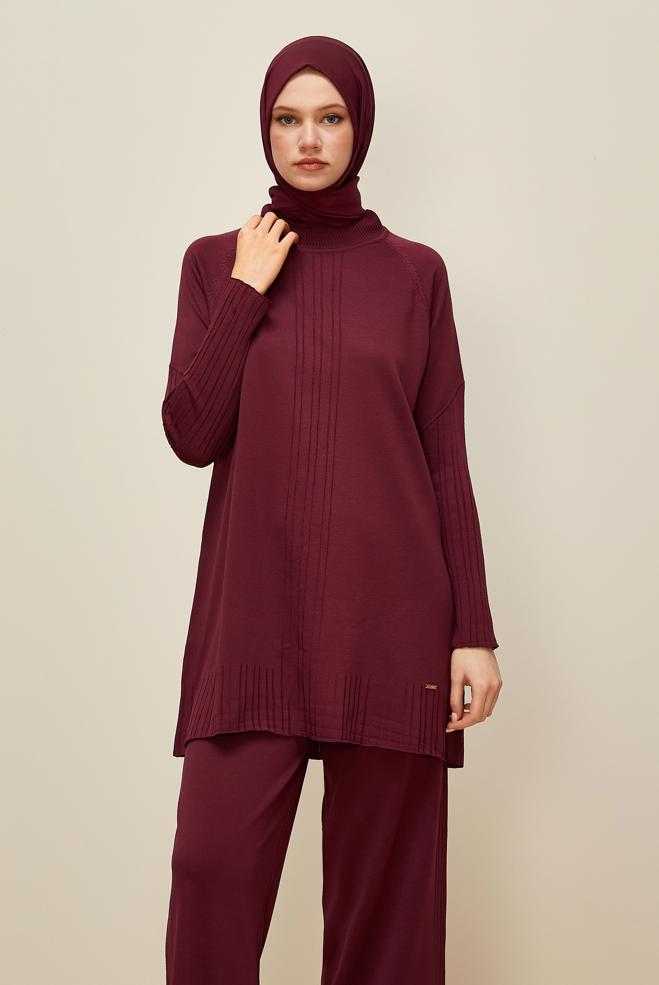 Vêtements hijab ROUGE BORDEAUX ENSEMBLE PANTALON EN TRICOT 45867 - ALVİNA