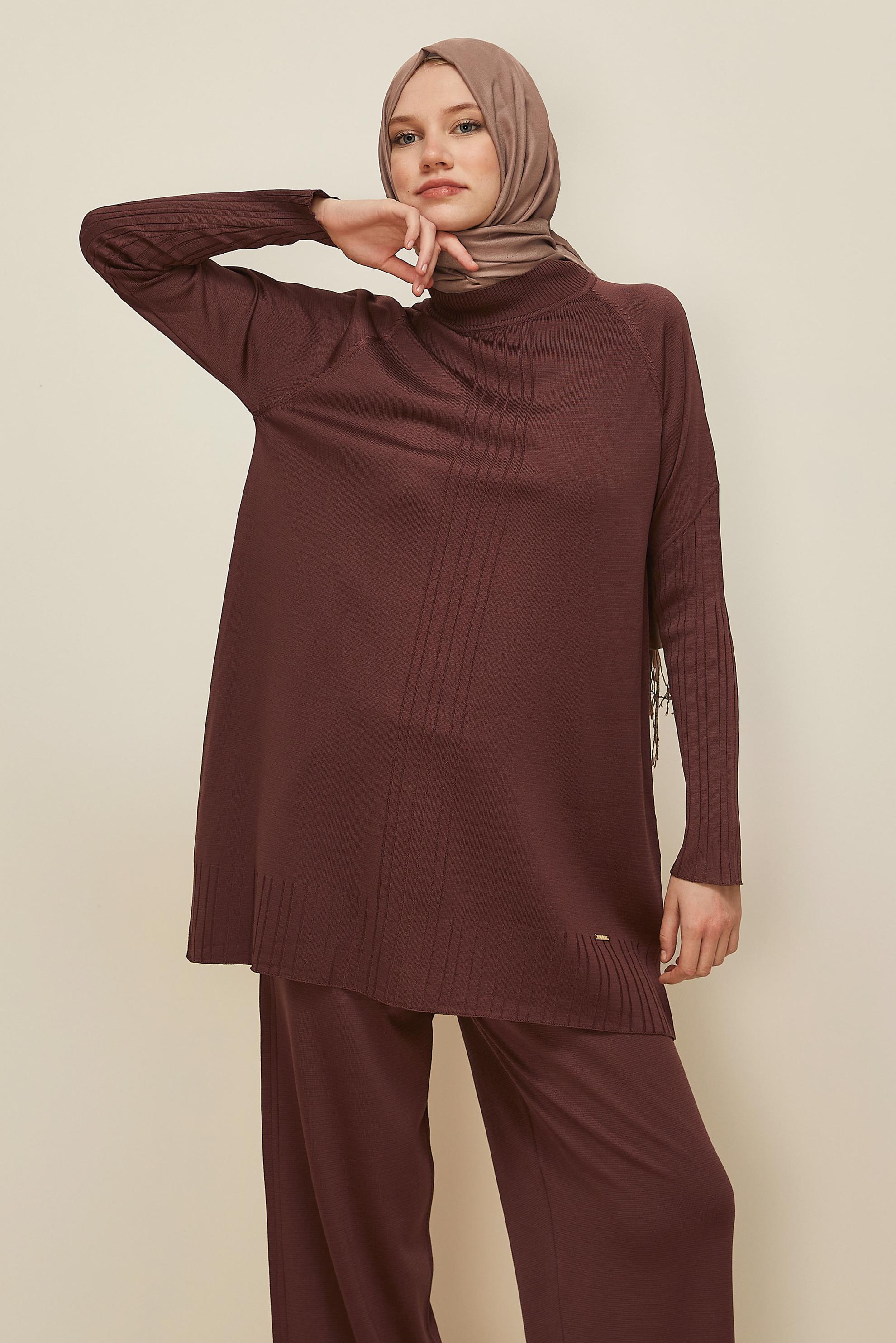 Tesettür giyim KAHVE PANTOLONLU TRİKO TAKIM 45867