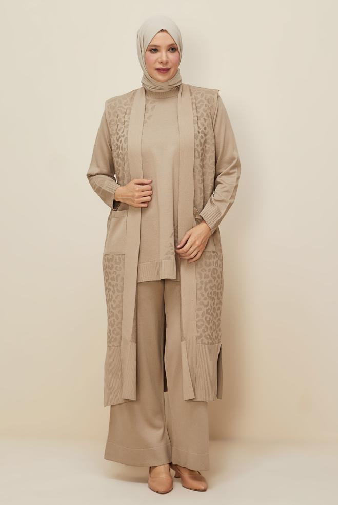 Vêtements hijab BEIGE ENSEMBLE PANTALON EN TRICOT TROIS PIÈCES 45869 - ALVİNA