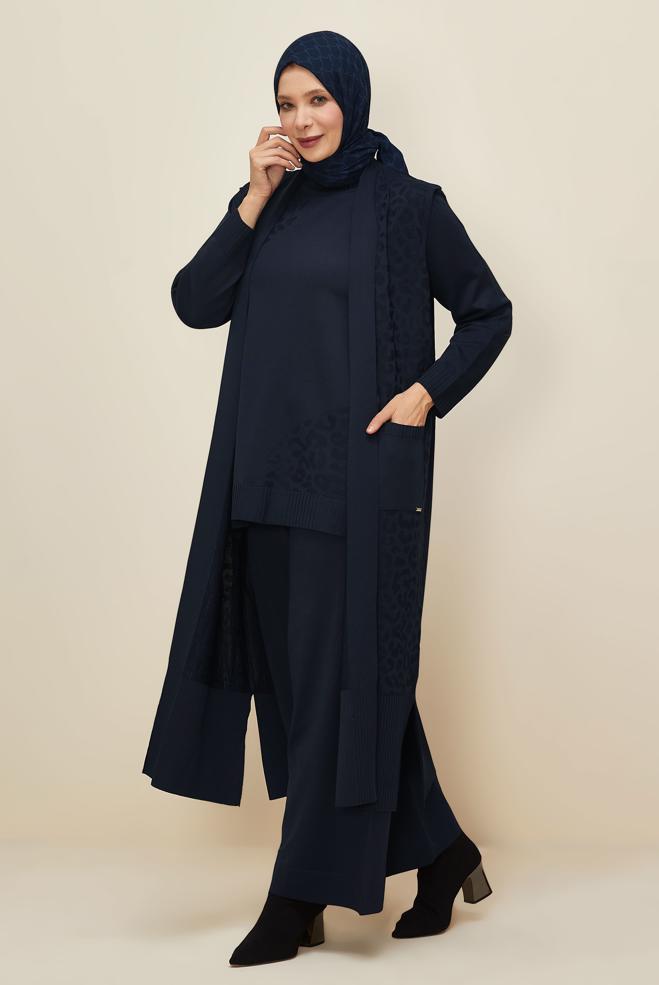 Vêtements hijab BLEU MARINE ENSEMBLE PANTALON EN TRICOT TROIS PIÈCES 45869 - ALVİNA