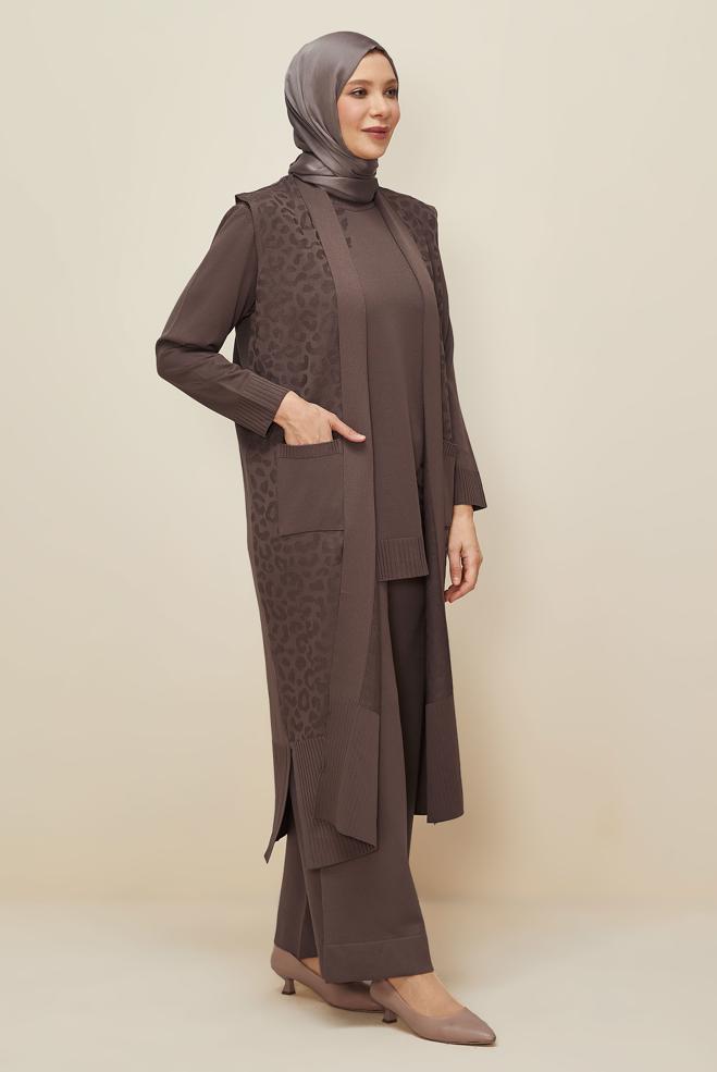 Vêtements hijab BRUN ENSEMBLE PANTALON EN TRICOT TROIS PIÈCES 45869 - ALVİNA