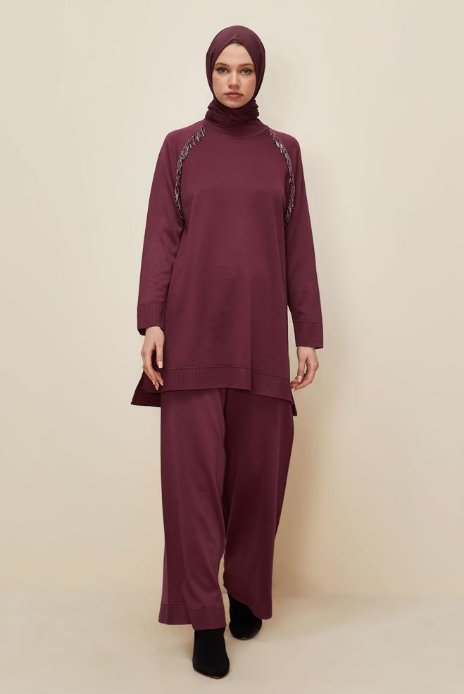 Vêtements hijab ROUGE BORDEAUX ENSEMBLE PANTALON EN MAILLE 45873 - ALVİNA