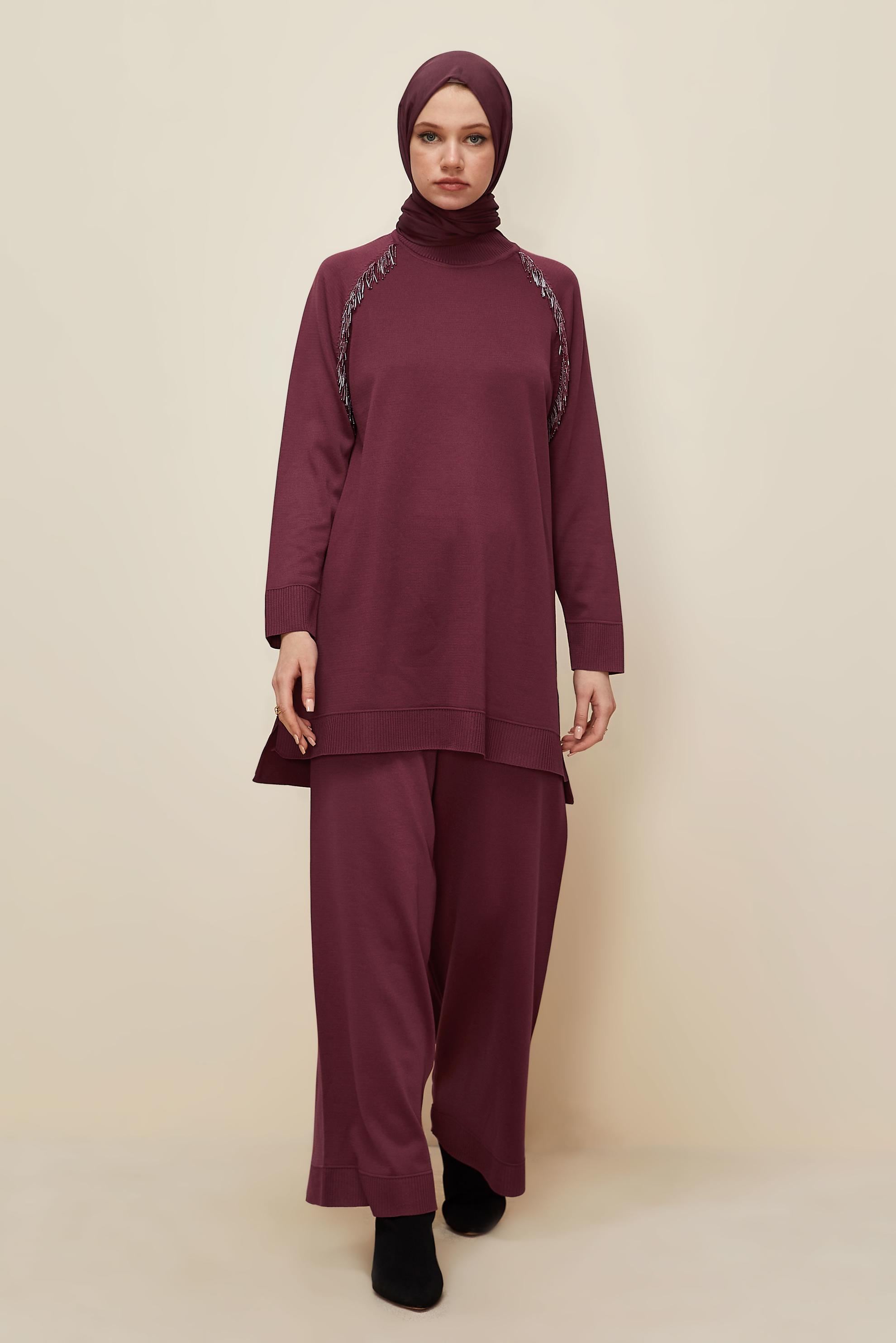 Hijab clothing CLARET RED BEAD DETAILED KNITWEAR TROUSER SET 45873