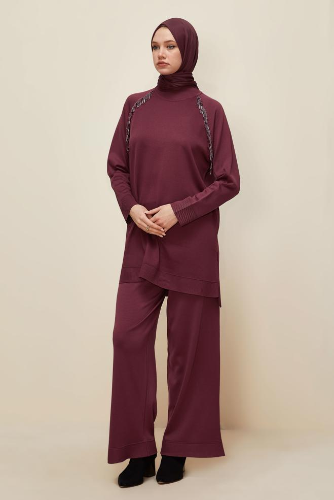 Vêtements hijab ROUGE BORDEAUX ENSEMBLE PANTALON EN MAILLE 45873 - ALVİNA