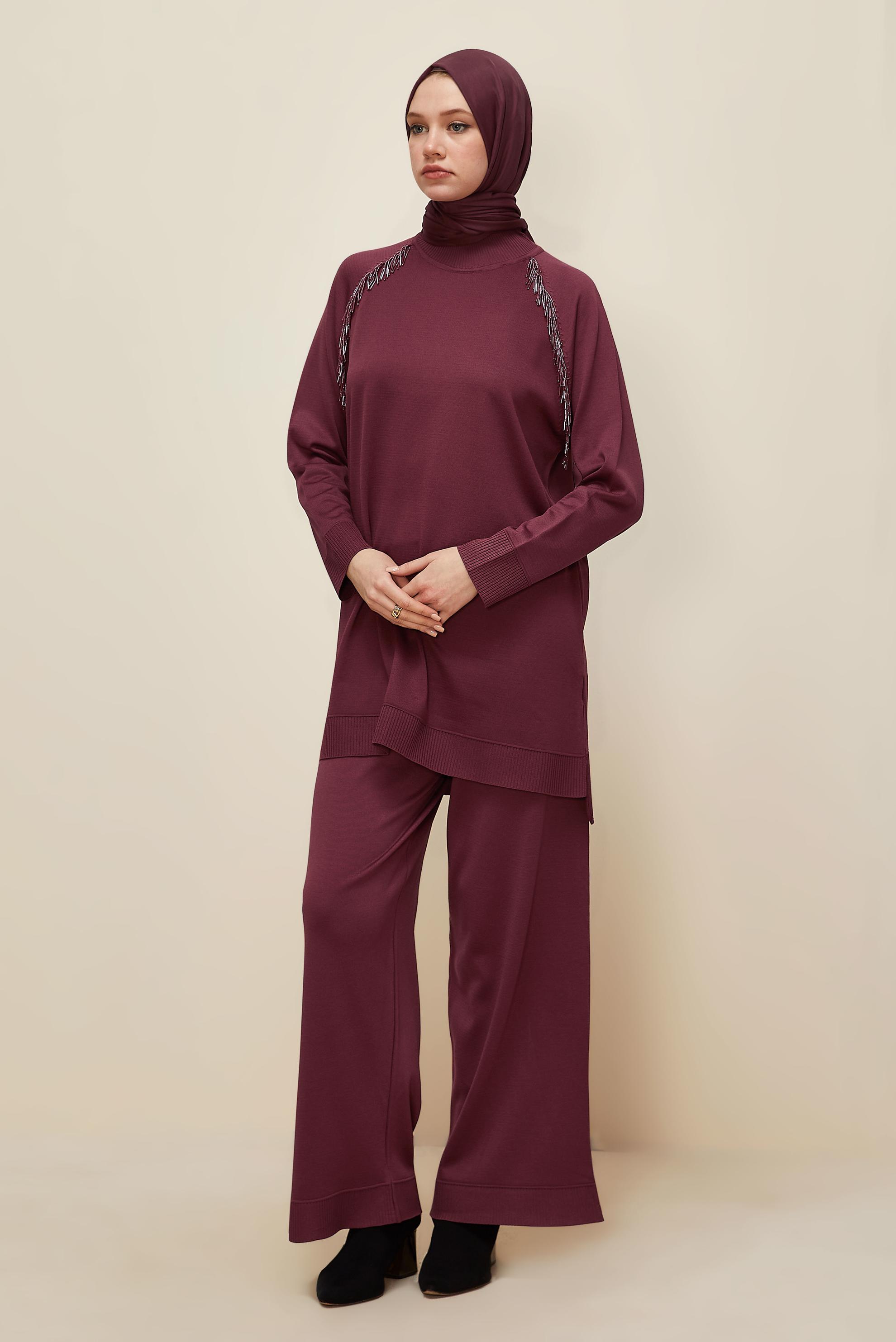 Hijab clothing CLARET RED BEAD DETAILED KNITWEAR TROUSER SET 45873