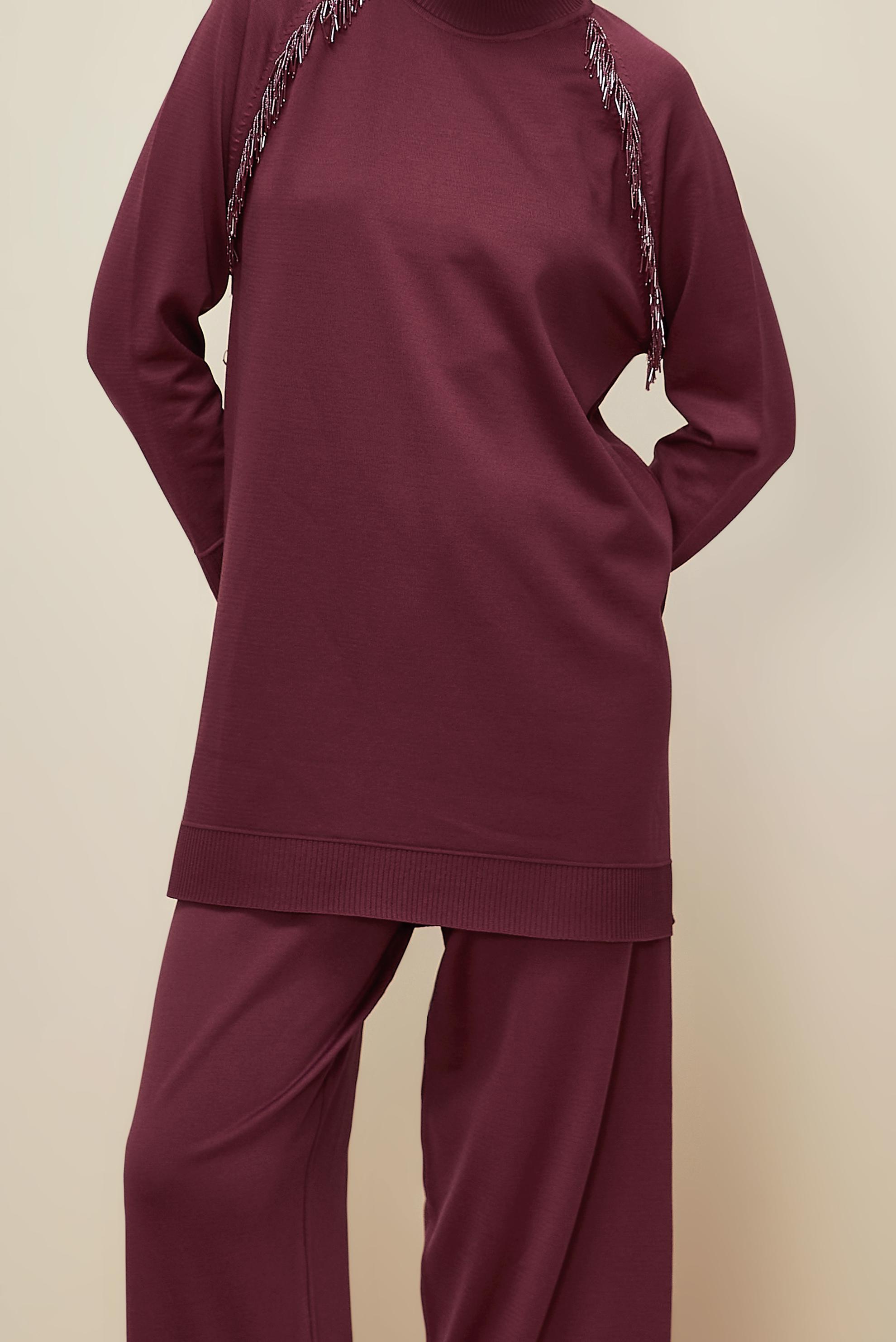Hijab clothing CLARET RED BEAD DETAILED KNITWEAR TROUSER SET 45873
