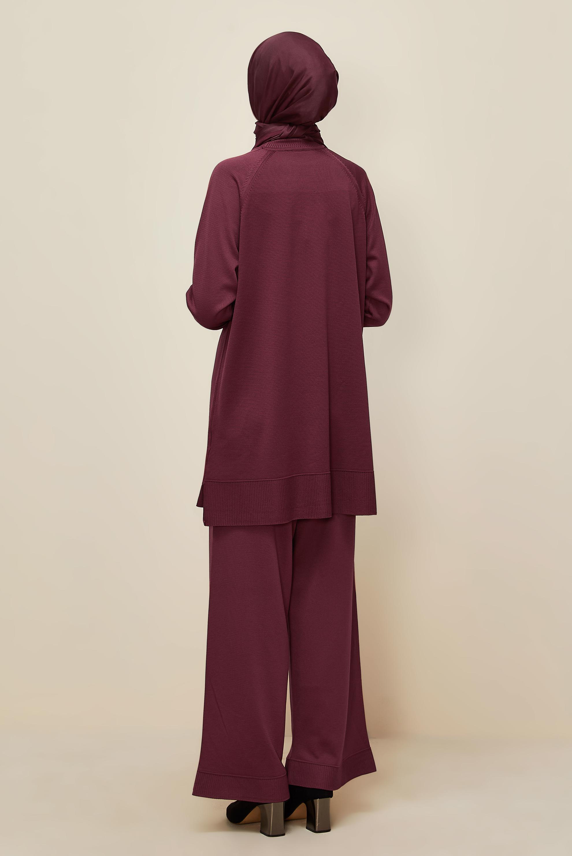 Hijab clothing CLARET RED BEAD DETAILED KNITWEAR TROUSER SET 45873
