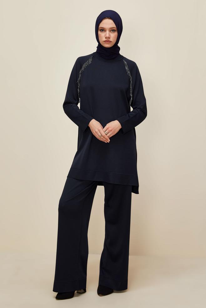 Vêtements hijab BLEU MARINE ENSEMBLE PANTALON EN MAILLE 45873 - ALVİNA
