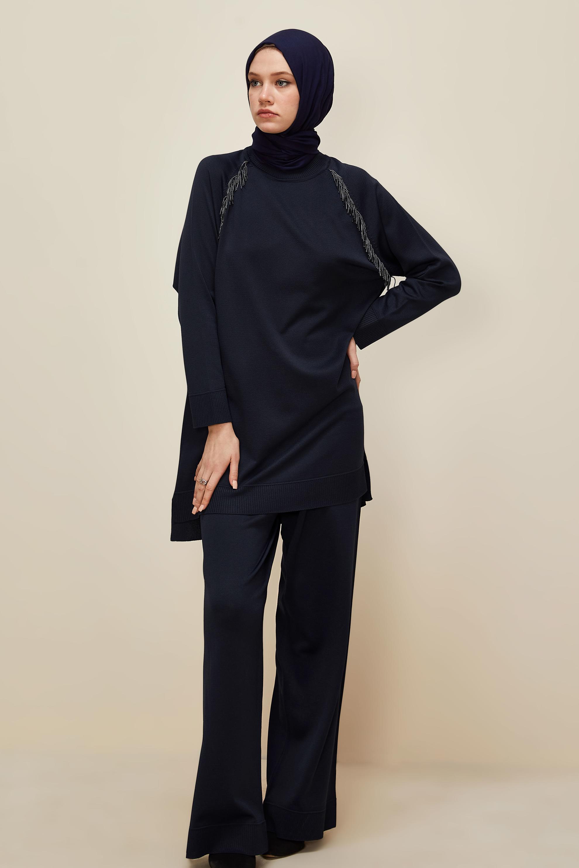 Hijab clothing NAVY BLUE BEAD DETAILED KNITWEAR TROUSER SET 45873