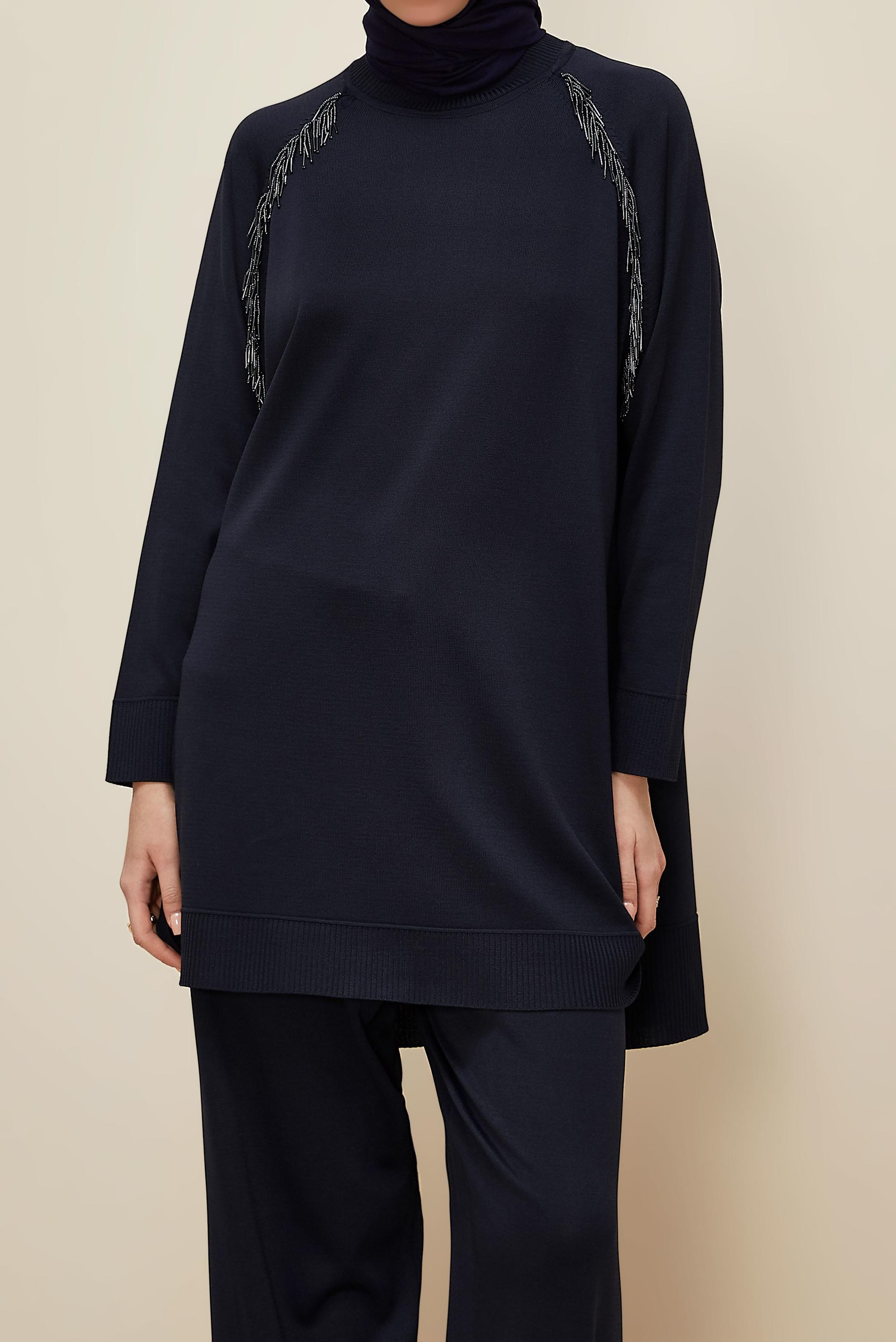 Hijab clothing NAVY BLUE BEAD DETAILED KNITWEAR TROUSER SET 45873