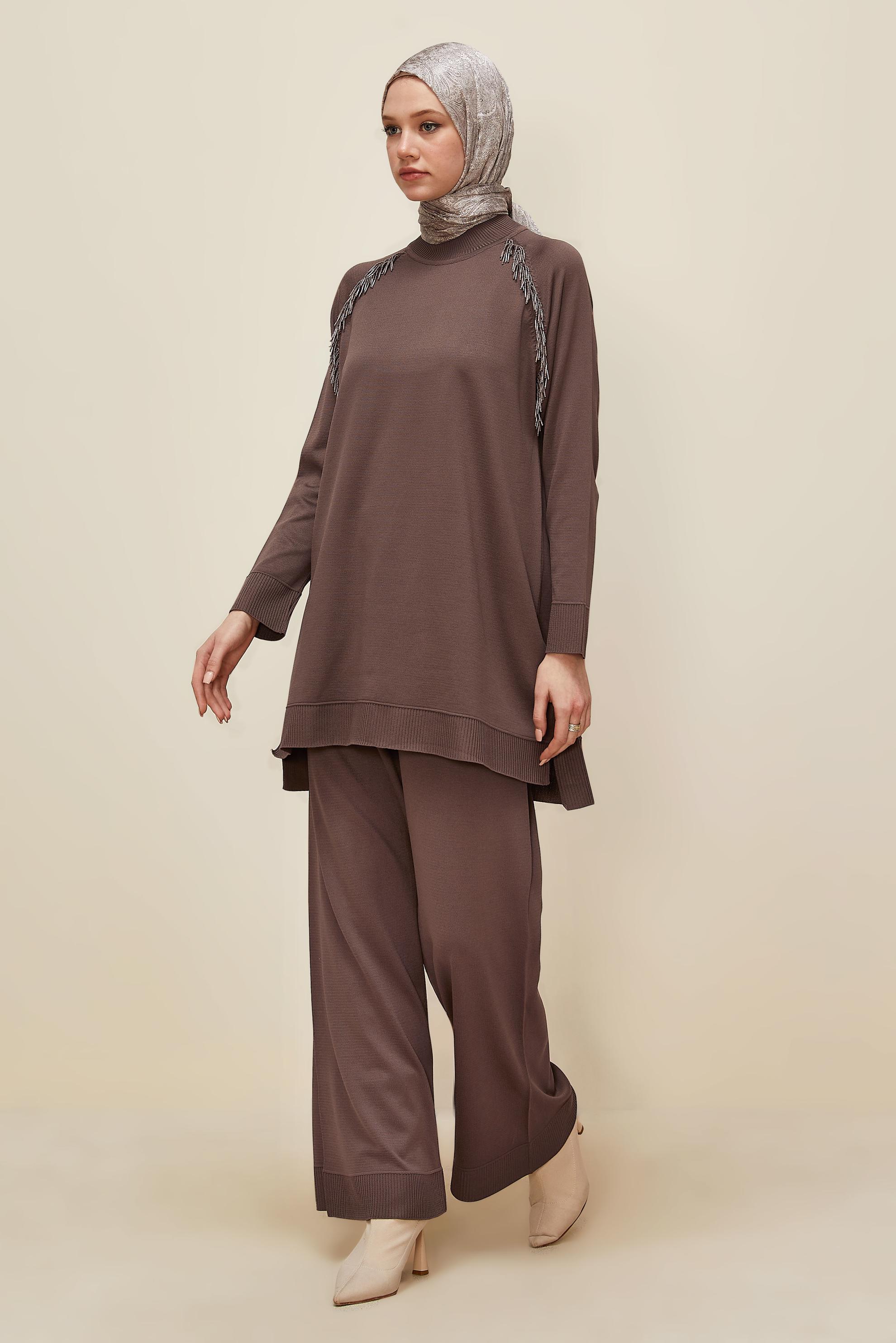 Hijab clothing BROWN BEAD DETAILED KNITWEAR TROUSER SET 45873