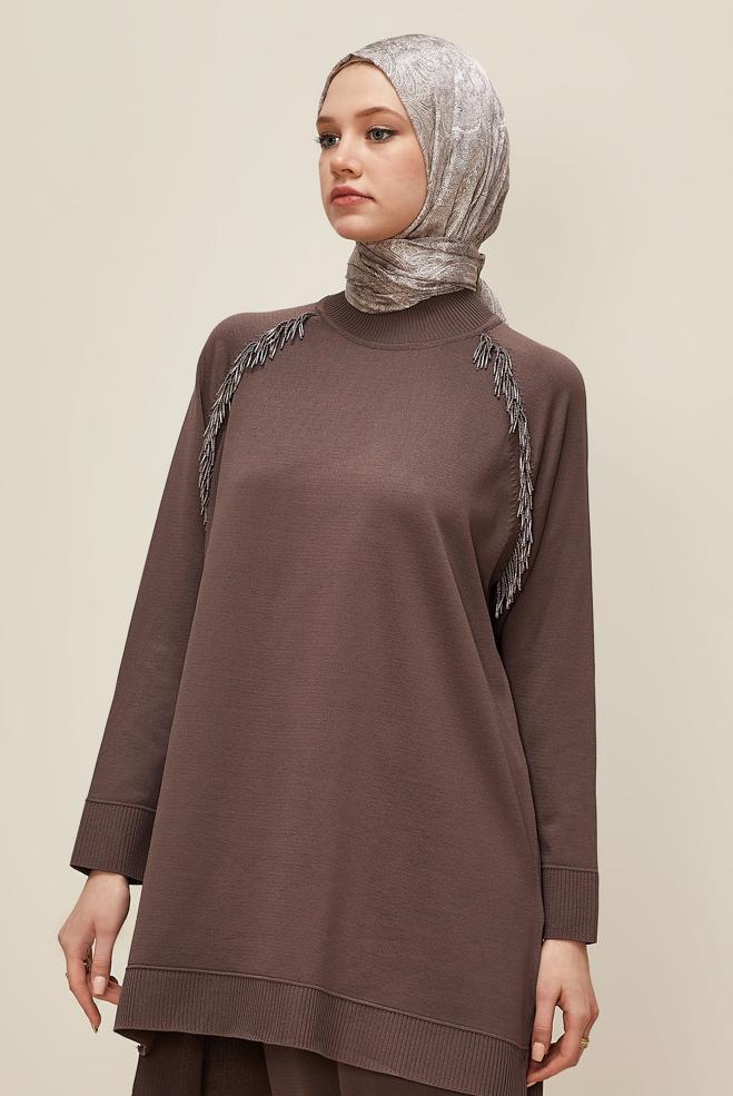 Vêtements hijab BRUN ENSEMBLE PANTALON EN MAILLE 45873 - ALVİNA