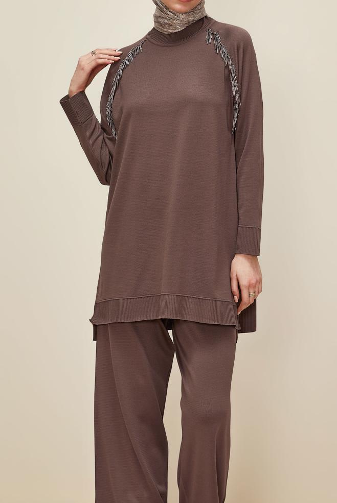 Vêtements hijab BRUN ENSEMBLE PANTALON EN MAILLE 45873 - ALVİNA