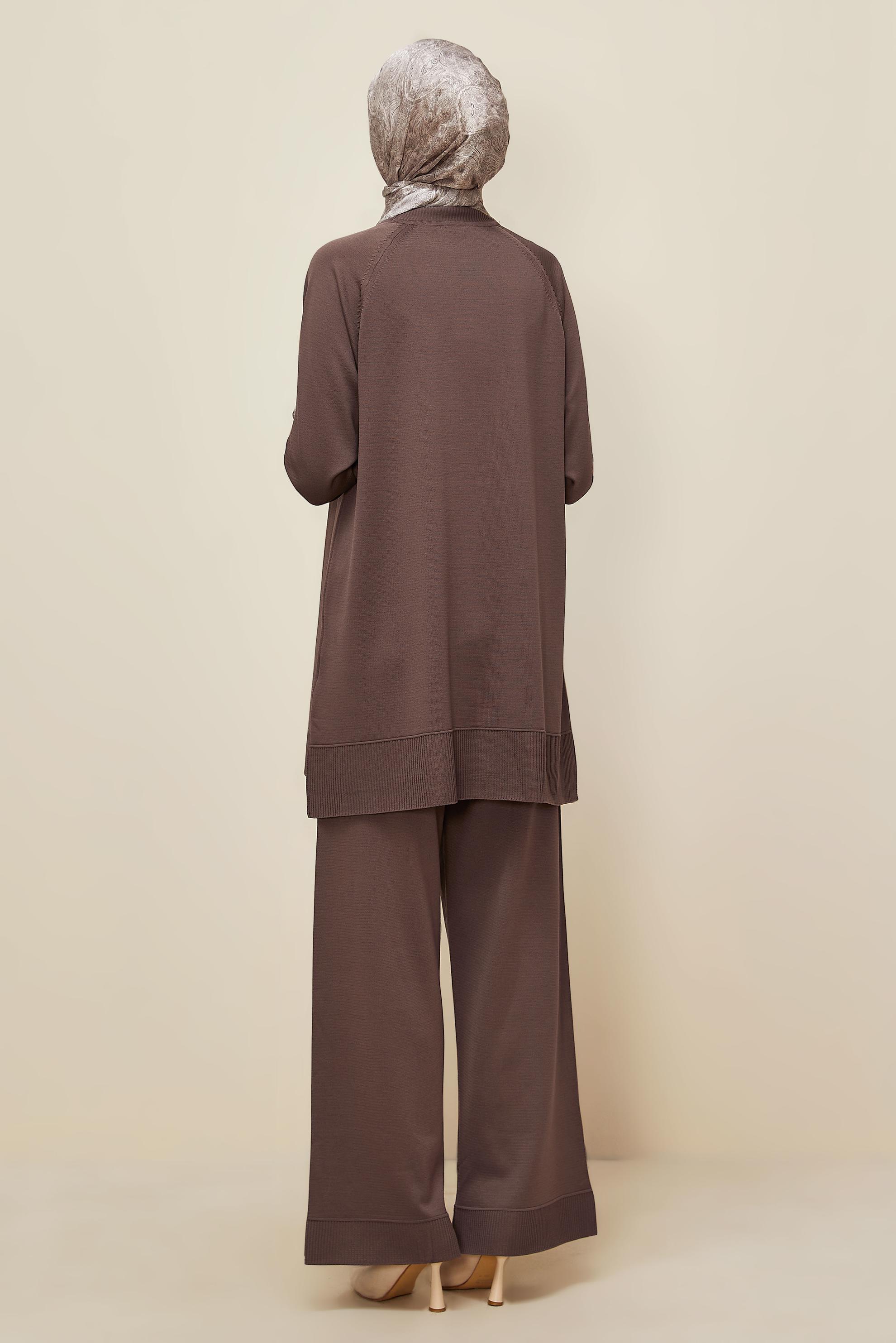 Hijab clothing BROWN BEAD DETAILED KNITWEAR TROUSER SET 45873