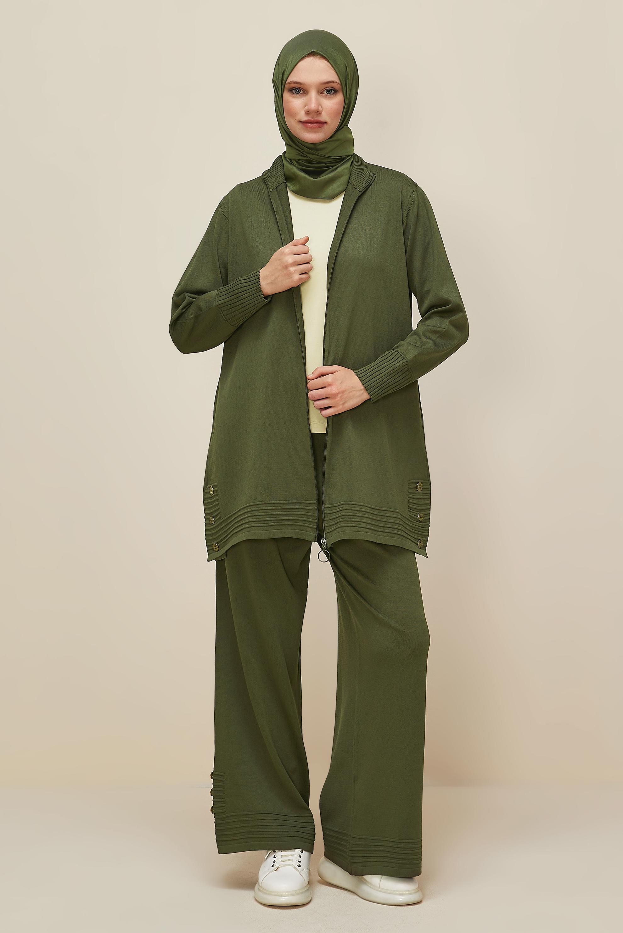 Tesettür giyim HAKİ PANTOLONLU TRİKO TAKIM 45884