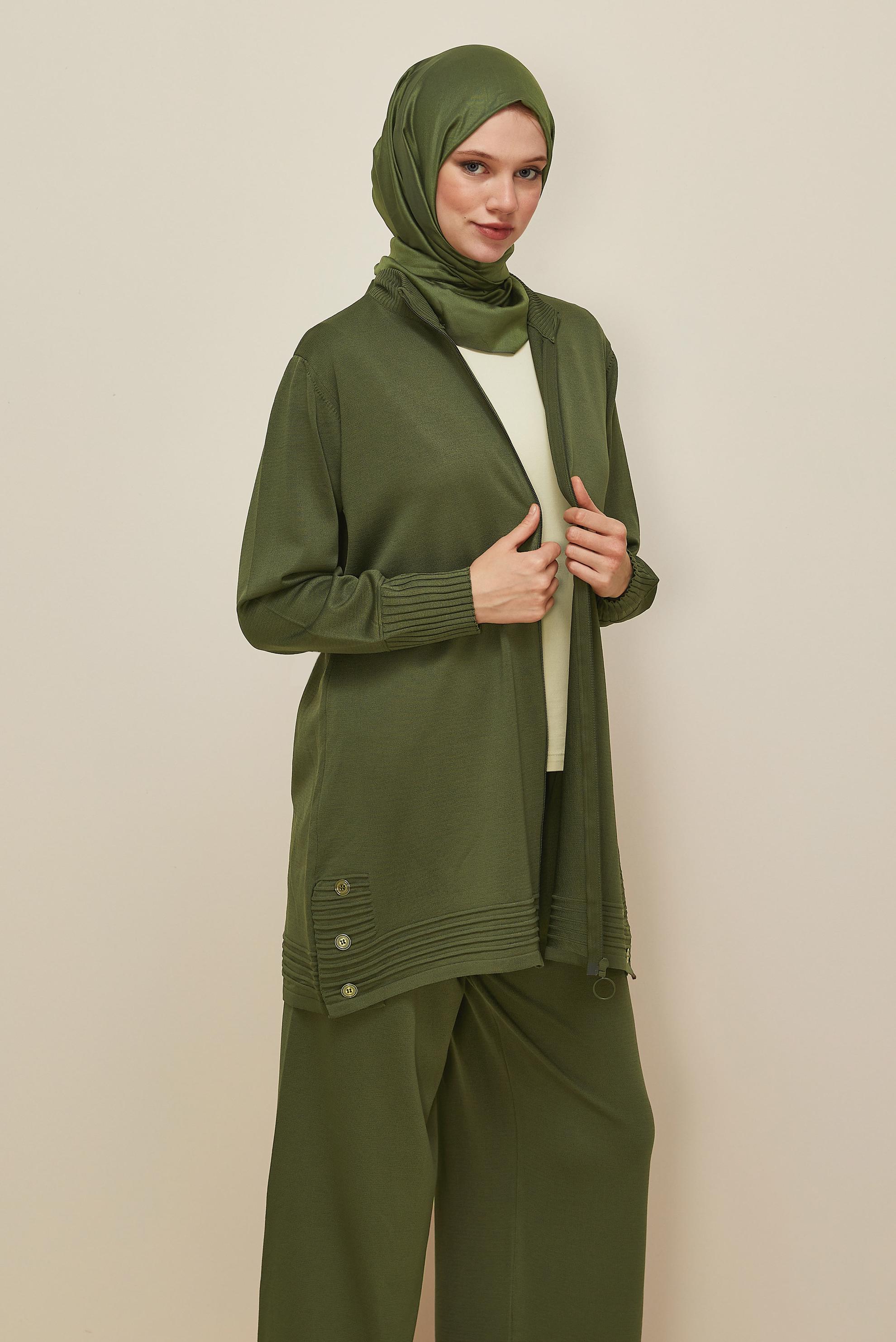 Tesettür giyim HAKİ PANTOLONLU TRİKO TAKIM 45884