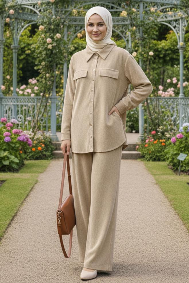 Hijab clothing BEIGE VELVET PANTSUIT 45990 - ALVİNA