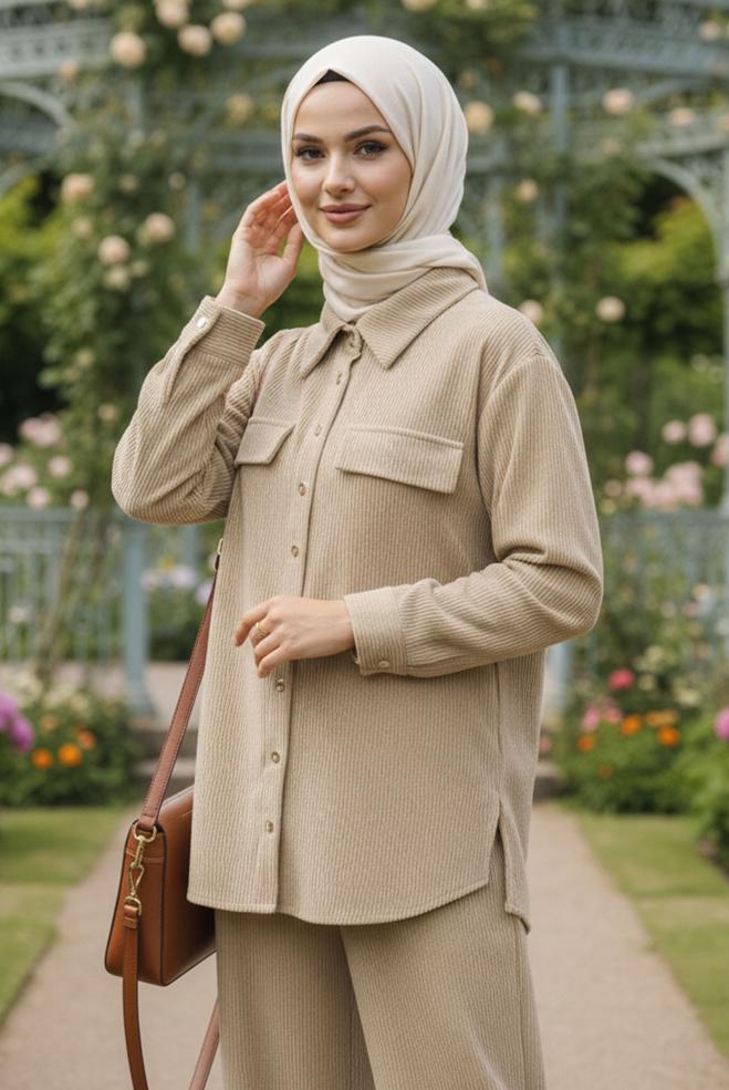 Hijab clothing BEIGE VELVET PANTSUIT 45990 - ALVİNA