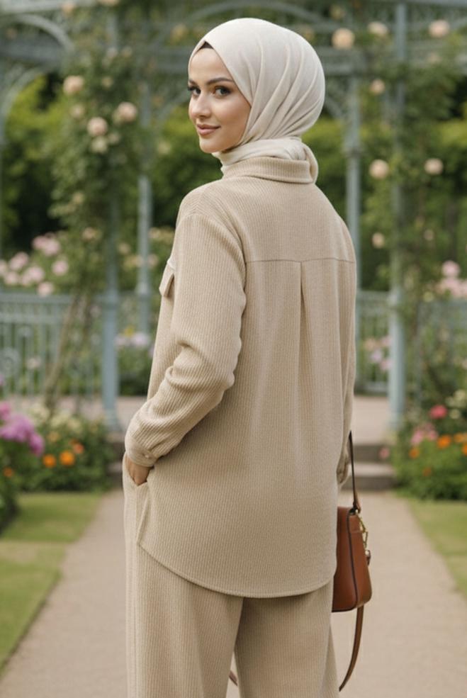 Hijab clothing BEIGE VELVET PANTSUIT 45990 - ALVİNA