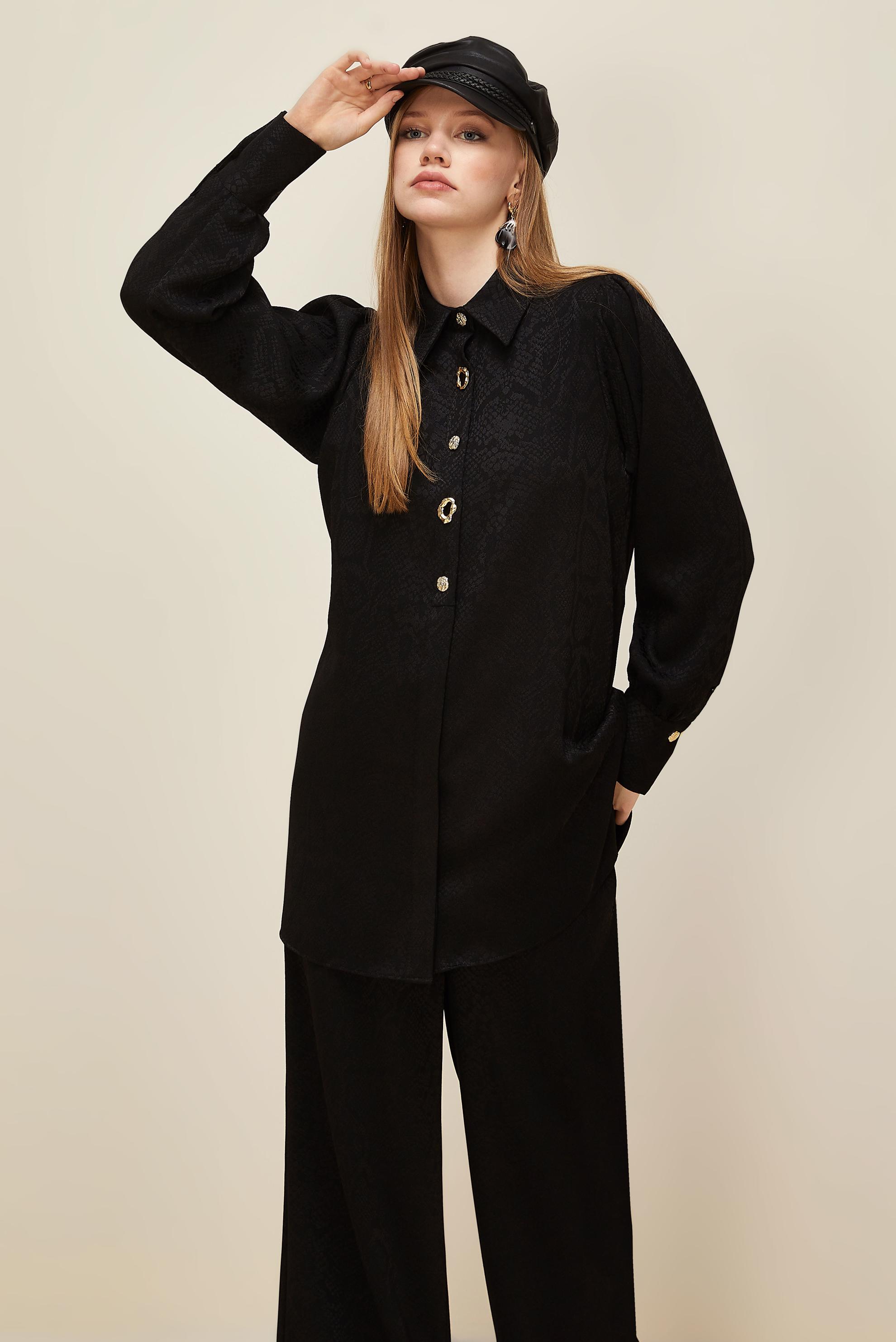 Tesettür giyim SİYAH DESENLİ PANTOLONLU TAKIM 45991