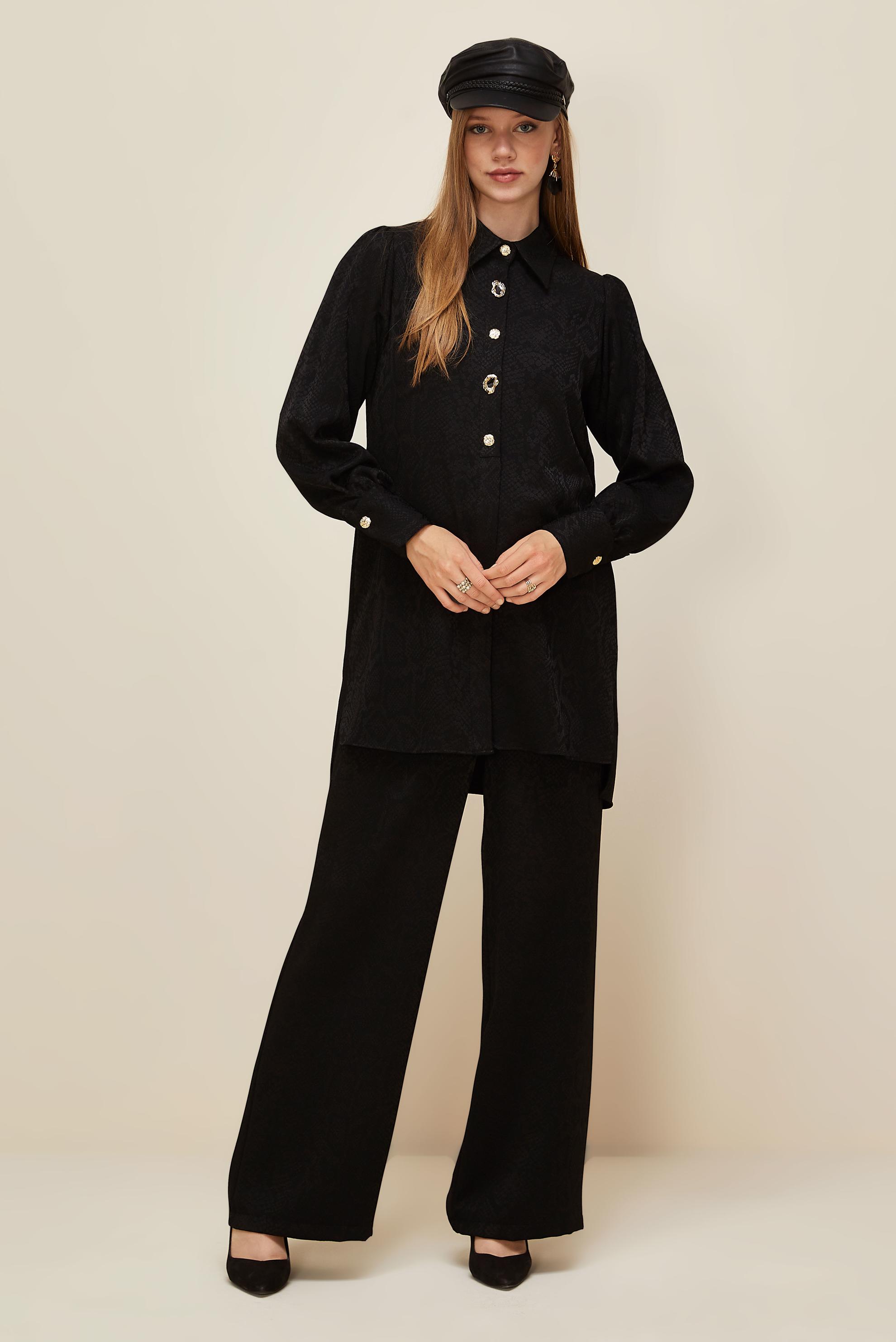 Tesettür giyim SİYAH DESENLİ PANTOLONLU TAKIM 45991