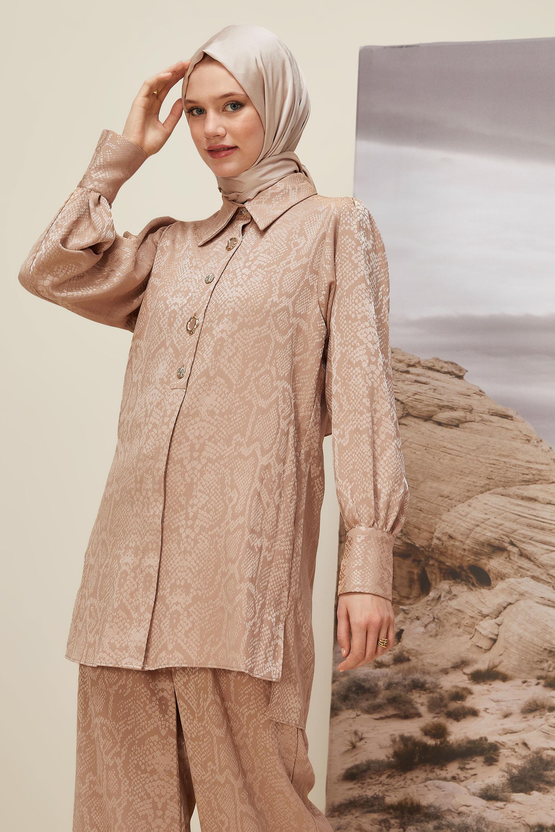 Tesettür giyim BEJ DESENLİ PANTOLONLU TAKIM 45991