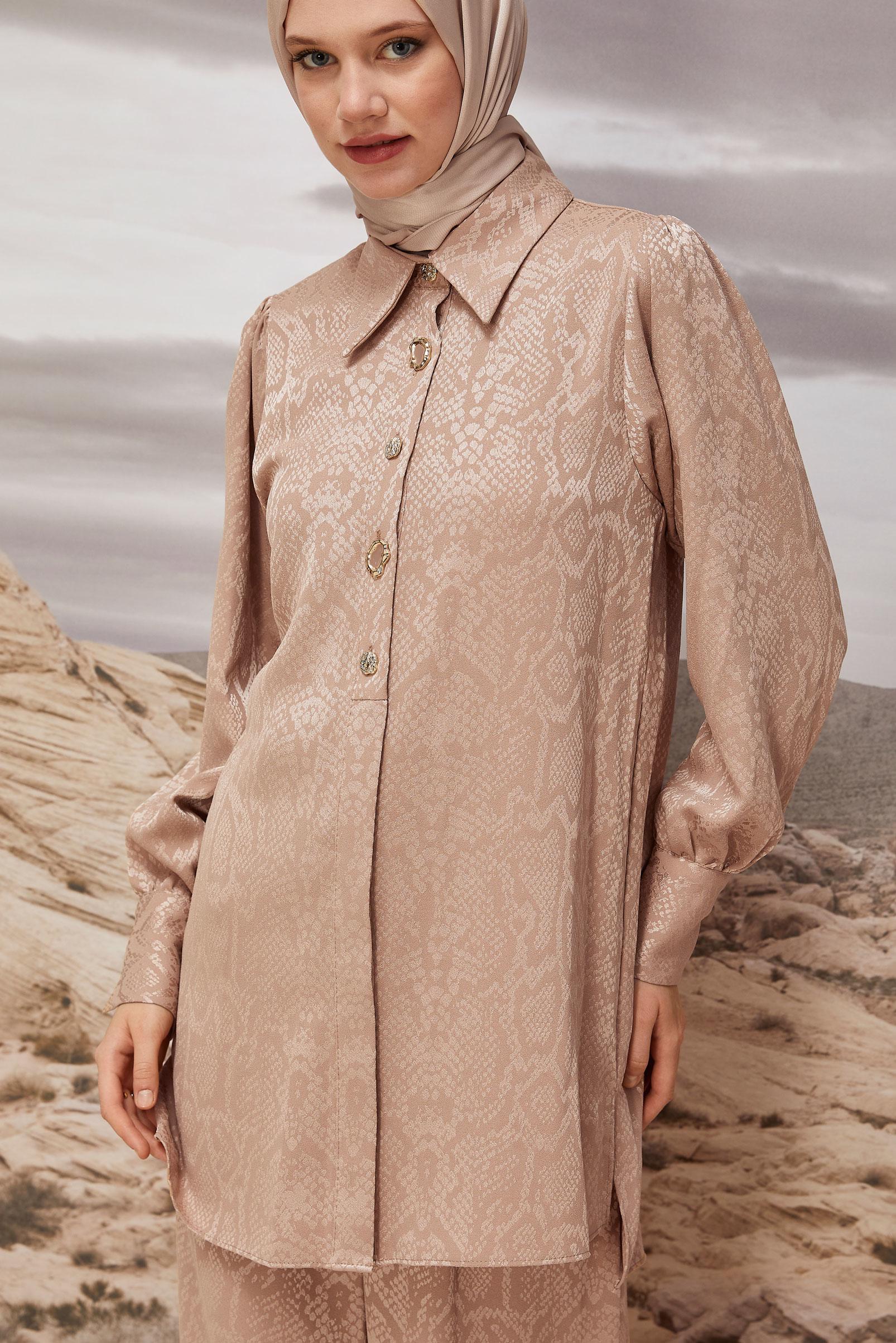 Tesettür giyim BEJ DESENLİ PANTOLONLU TAKIM 45991
