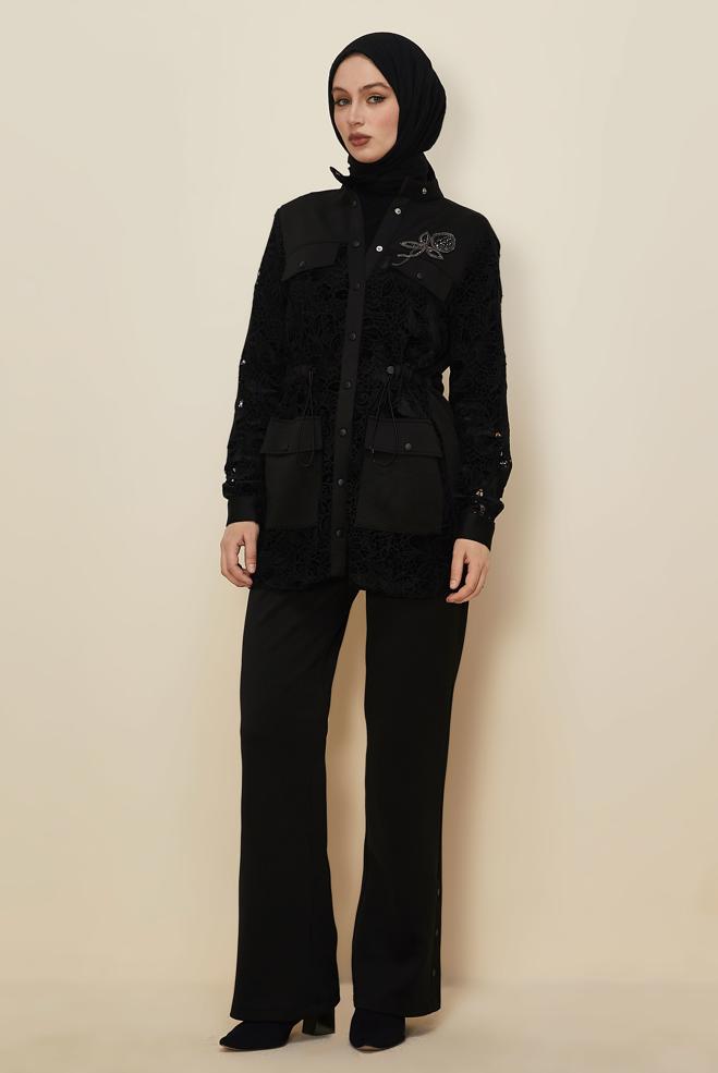 Tesettür giyim SİYAH DANTEL DETAYLI PANTOLONLU TAKIM 46008 - ALVİNA