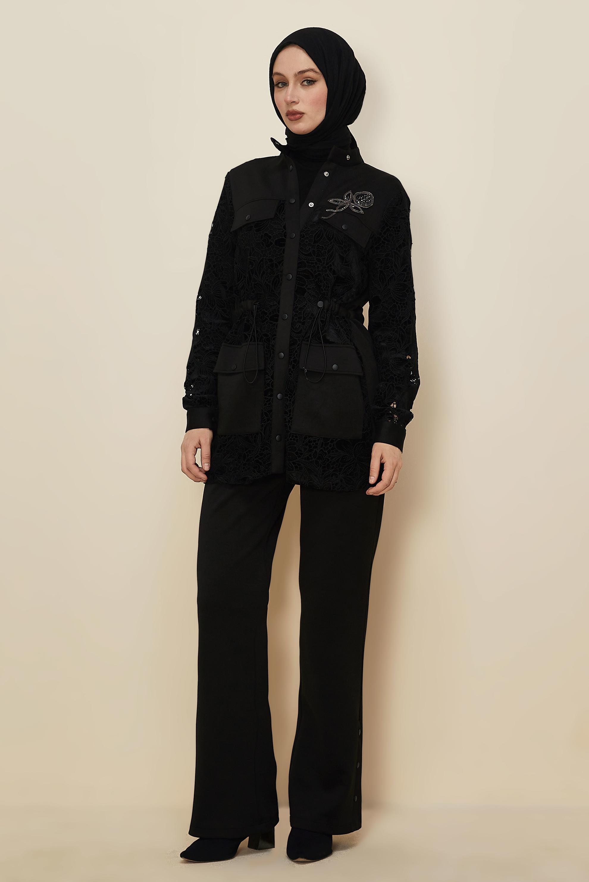 Tesettür giyim SİYAH DANTEL DETAYLI PANTOLONLU TAKIM 46008