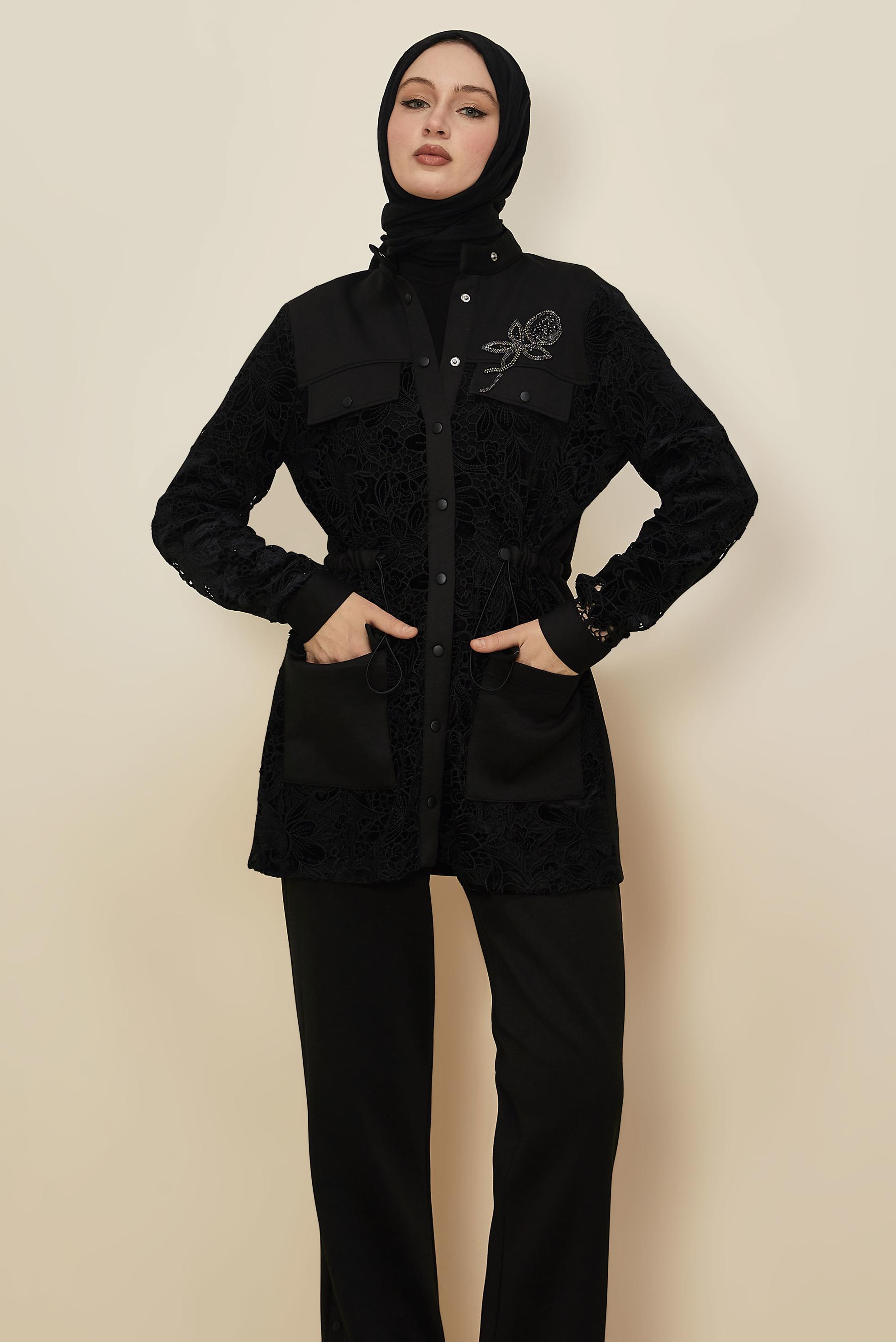 Tesettür giyim SİYAH DANTEL DETAYLI PANTOLONLU TAKIM 46008