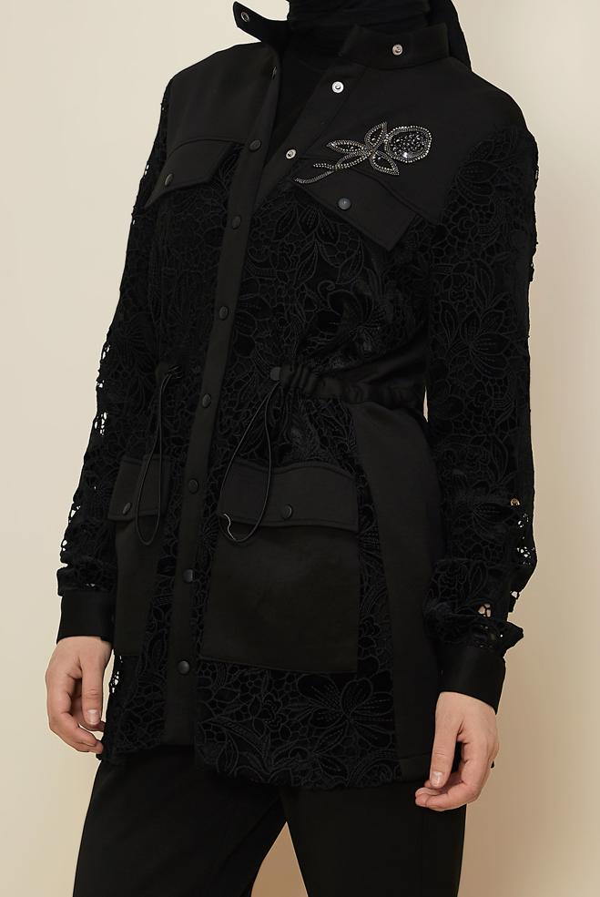 Tesettür giyim SİYAH DANTEL DETAYLI PANTOLONLU TAKIM 46008 - ALVİNA