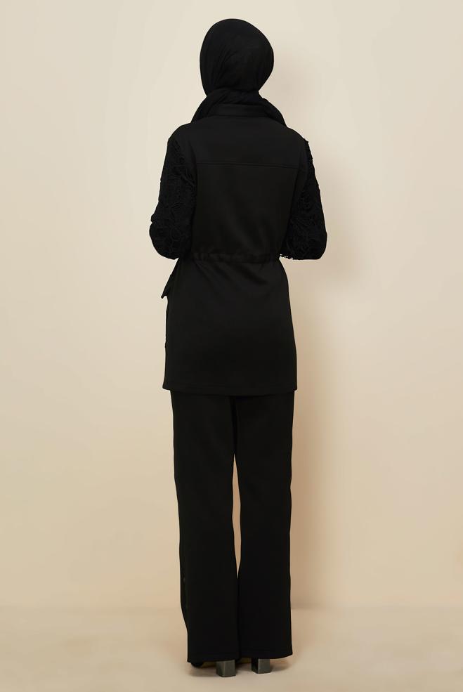 Tesettür giyim SİYAH DANTEL DETAYLI PANTOLONLU TAKIM 46008 - ALVİNA