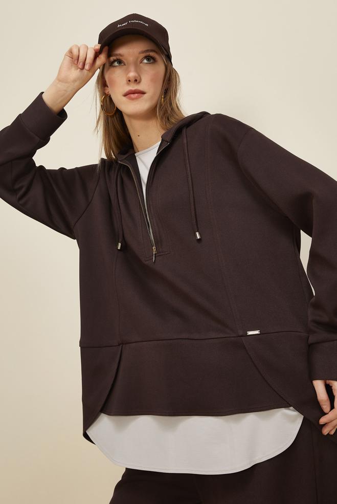 Tesettür giyim KAHVE PANTOLONLU SÜET TAKIM 46018 - ALVİNA