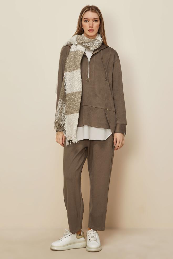 Tesettür giyim VİZON PANTOLONLU SÜET TAKIM 46018 - ALVİNA