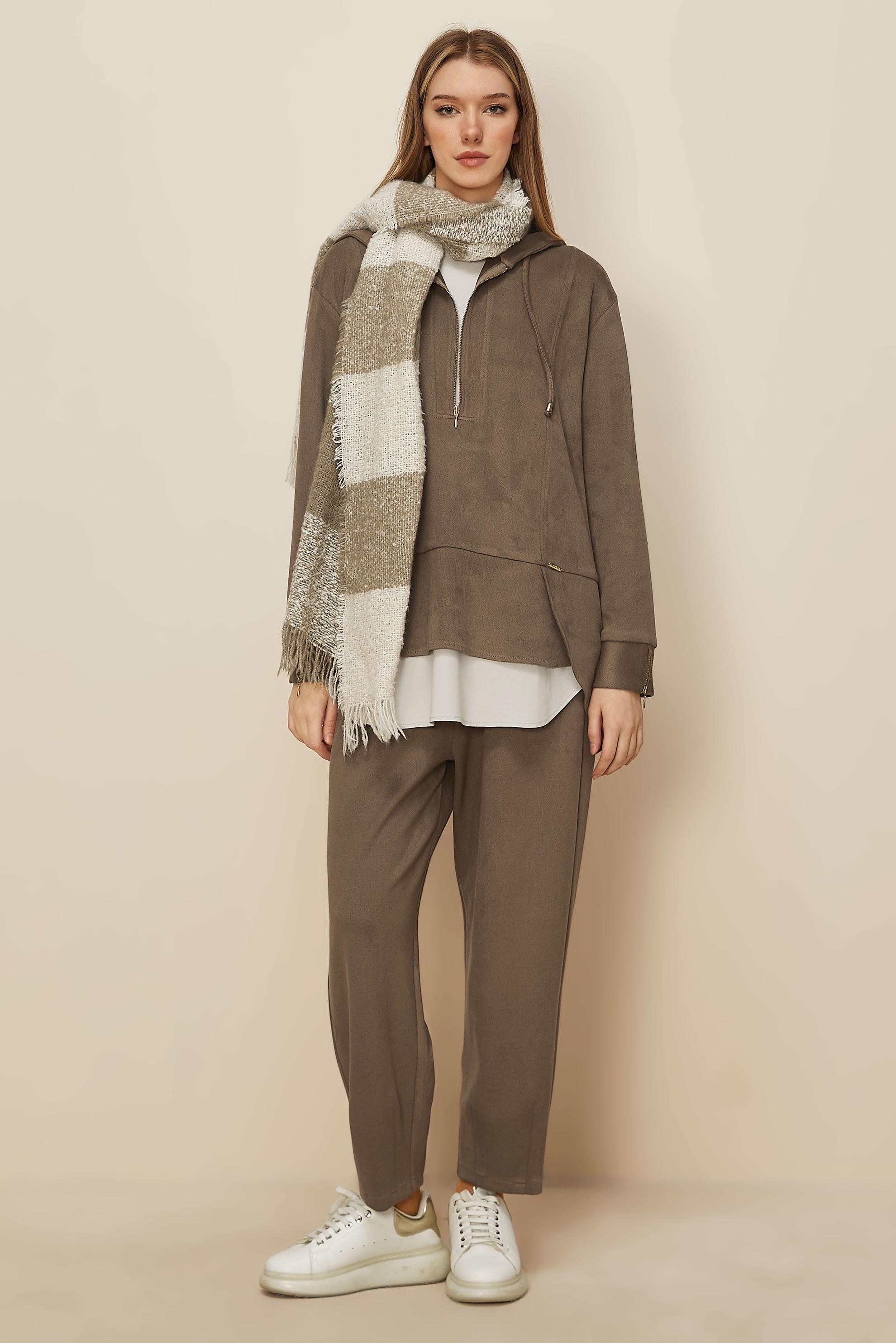 Tesettür giyim VİZON PANTOLONLU SÜET TAKIM 46018