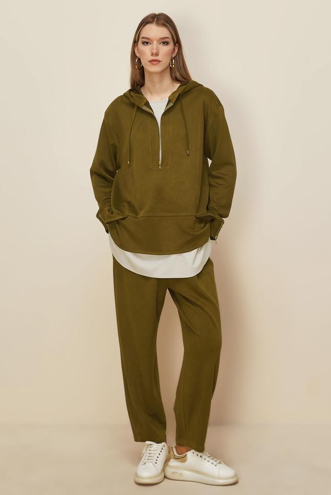 Tesettür giyim YEŞİL PANTOLONLU SÜET TAKIM 46018 - ALVİNA