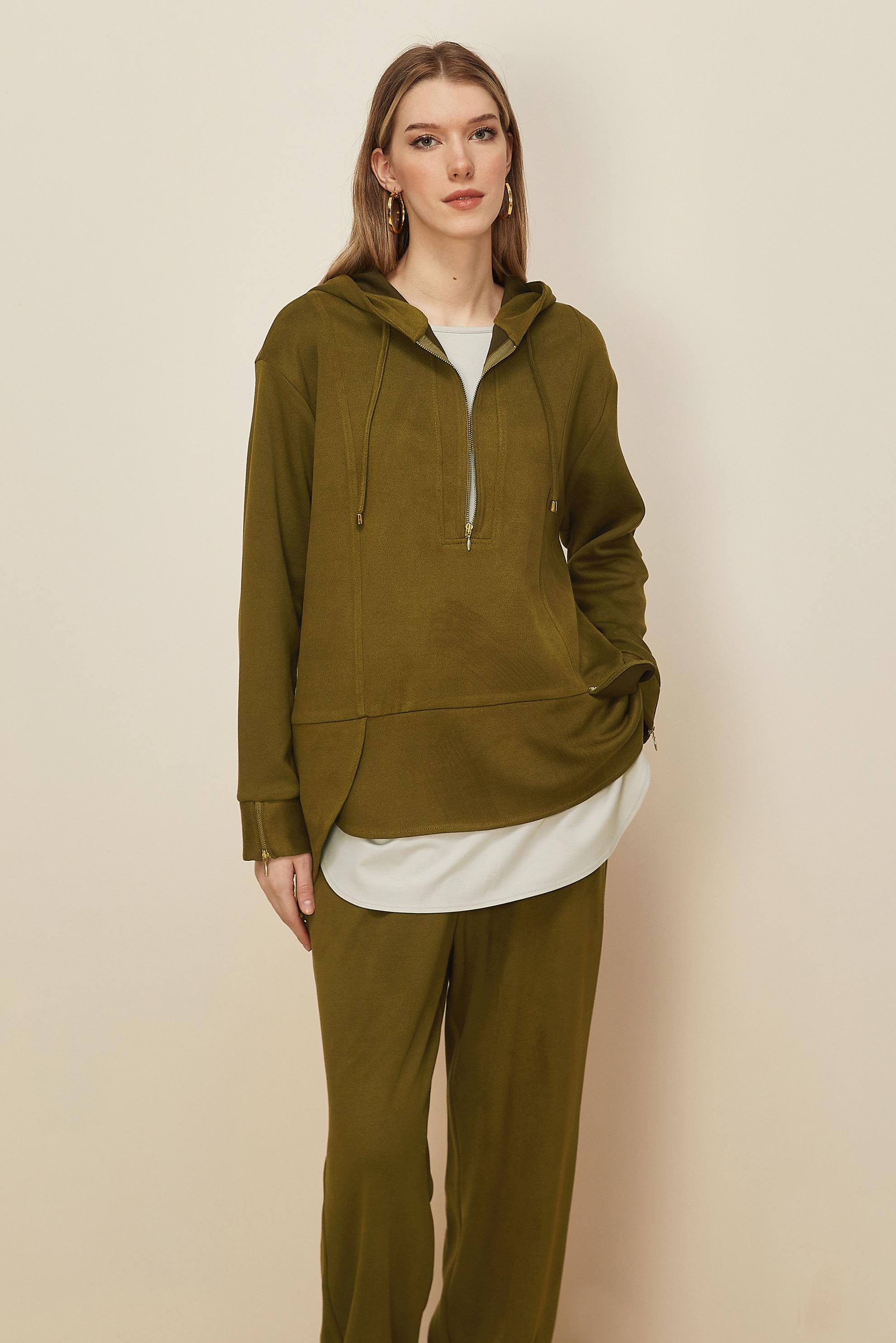 Tesettür giyim YEŞİL PANTOLONLU SÜET TAKIM 46018