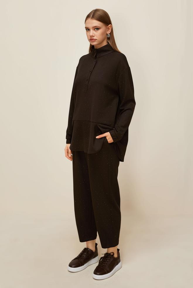 Tesettür giyim KAHVE TAŞLI PANTOLONLU EŞOFMAN TAKIMI 46019 - ALVİNA