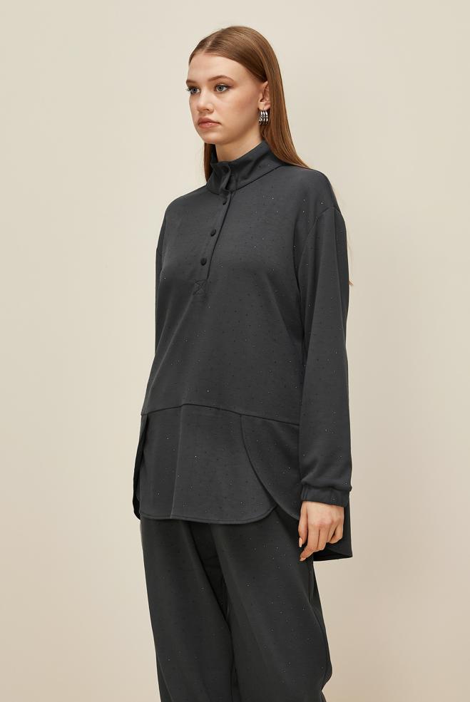 Tesettür giyim GRİ TAŞLI PANTOLONLU EŞOFMAN TAKIMI 46019 - ALVİNA