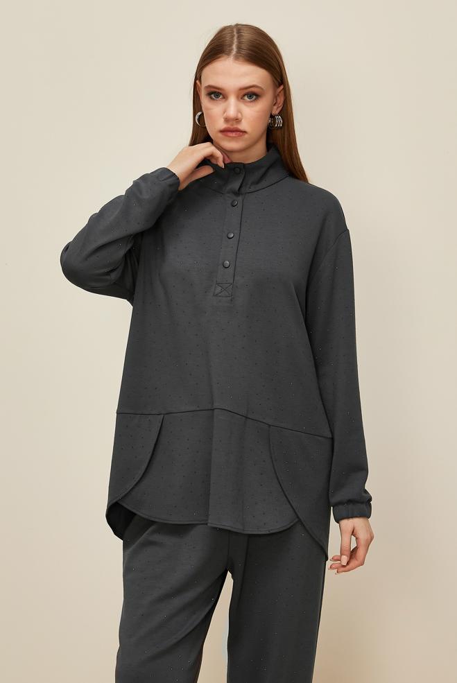 Tesettür giyim GRİ TAŞLI PANTOLONLU EŞOFMAN TAKIMI 46019 - ALVİNA