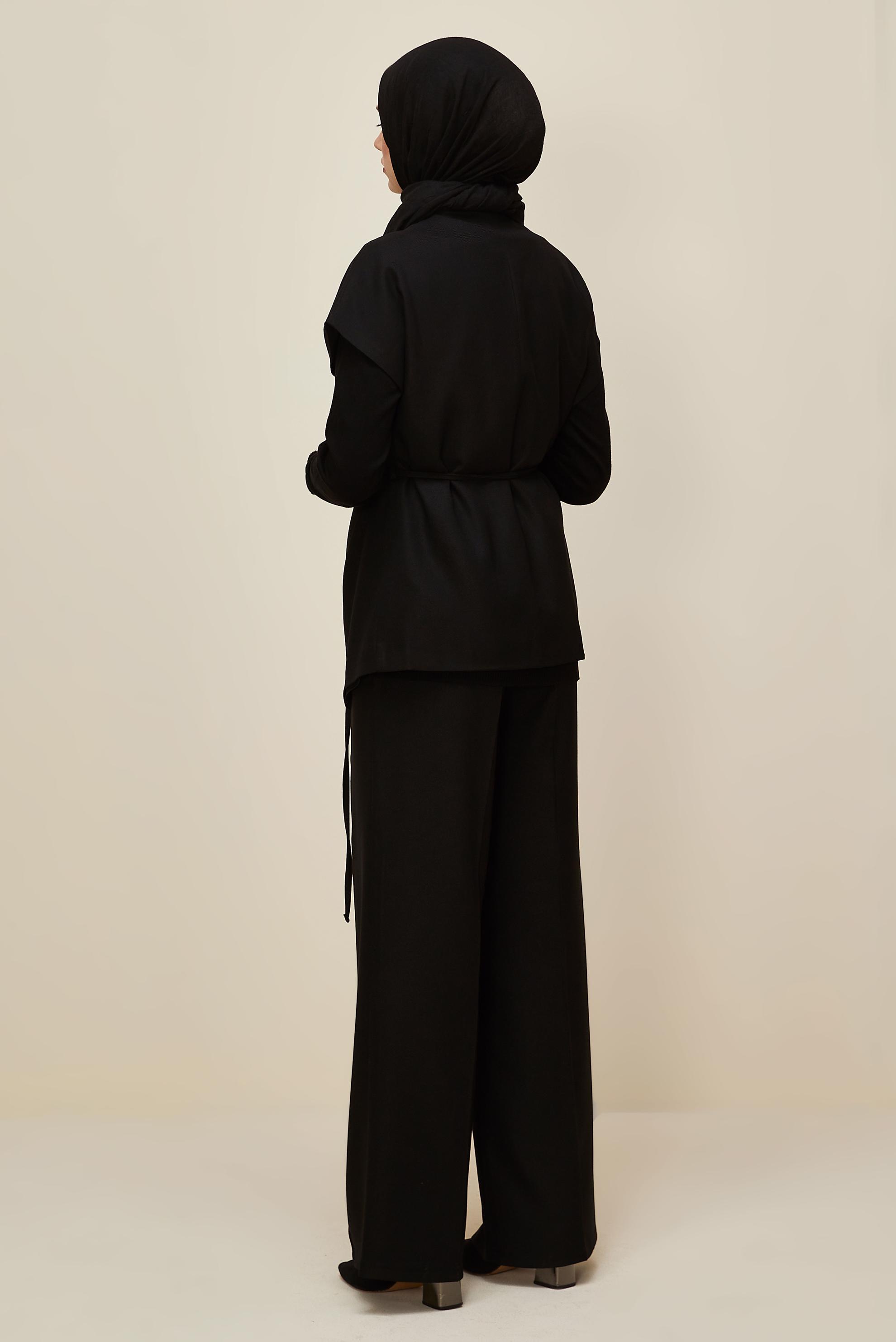 Tesettür giyim SİYAH KUŞAKLI PANTOLON TAKIMI 46020