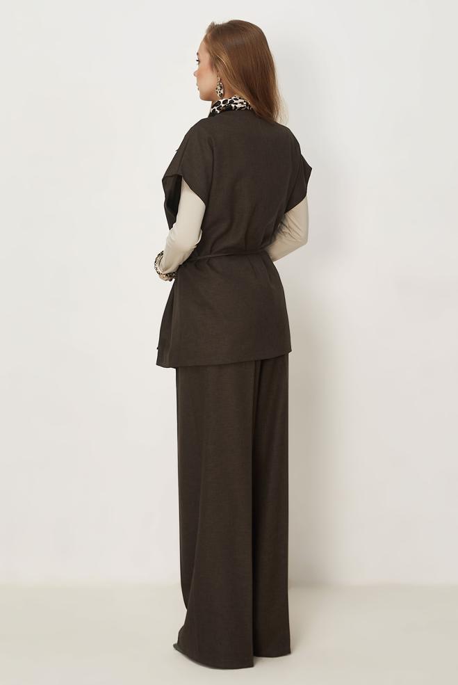 Tesettür giyim KAHVE KUŞAKLI PANTOLON TAKIMI 46020 - ALVİNA