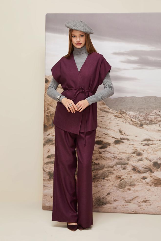 Vêtements hijab PRUNE TAILLEUR PANTALON CEINTURÉ 46020 - ALVİNA