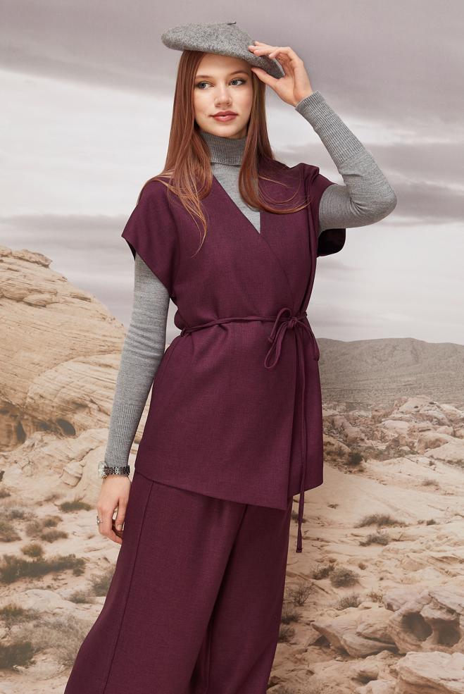 Vêtements hijab PRUNE TAILLEUR PANTALON CEINTURÉ 46020 - ALVİNA