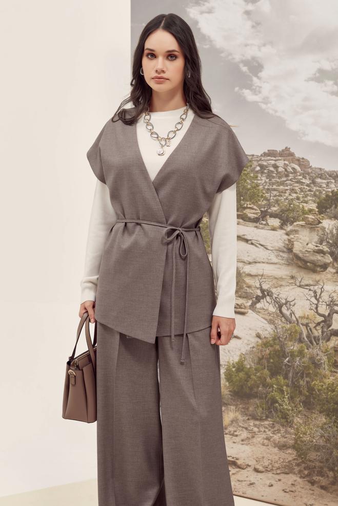 Tesettür giyim VİZON KUŞAKLI PANTOLON TAKIMI 46020 - ALVİNA