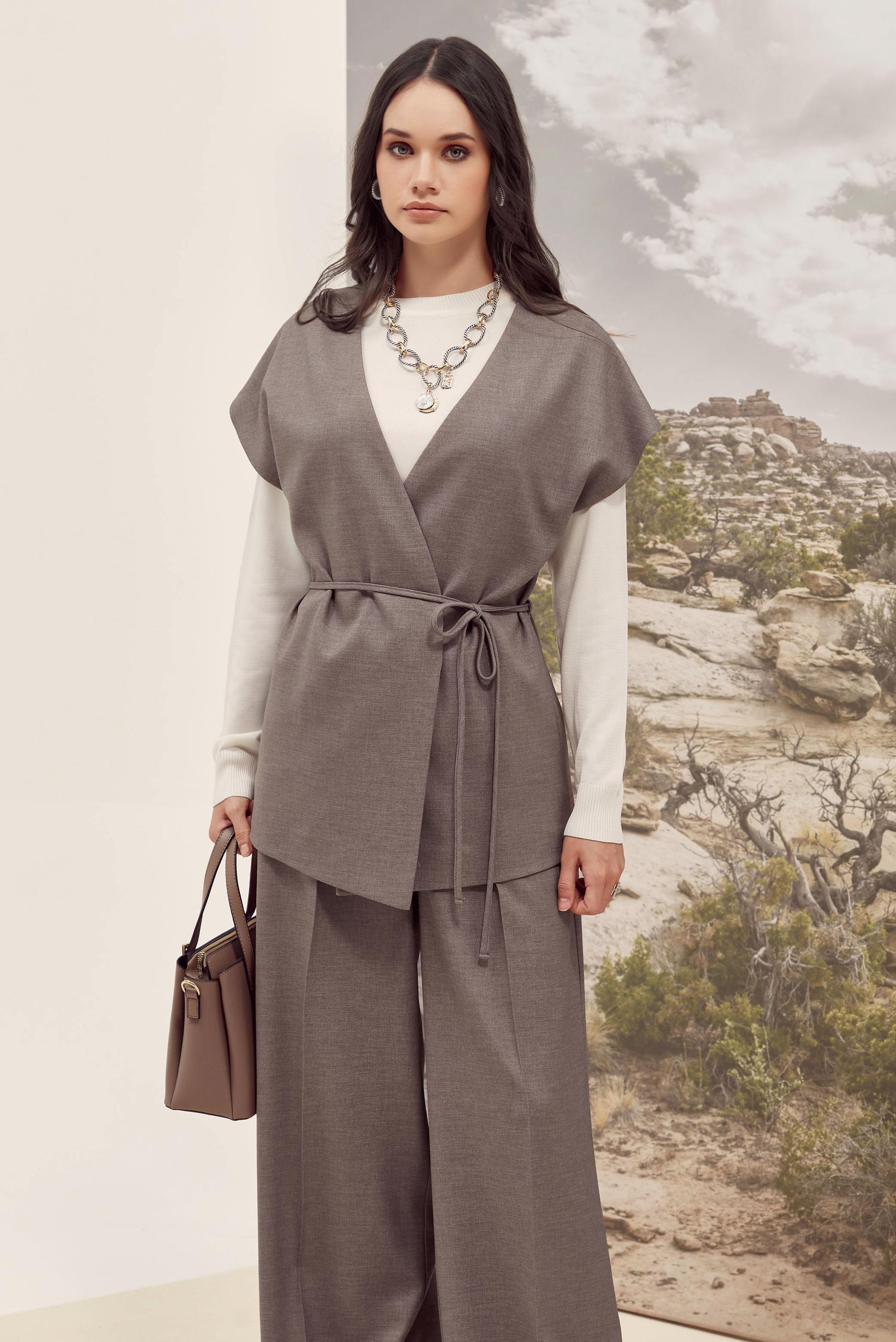 Tesettür giyim VİZON KUŞAKLI PANTOLON TAKIMI 46020