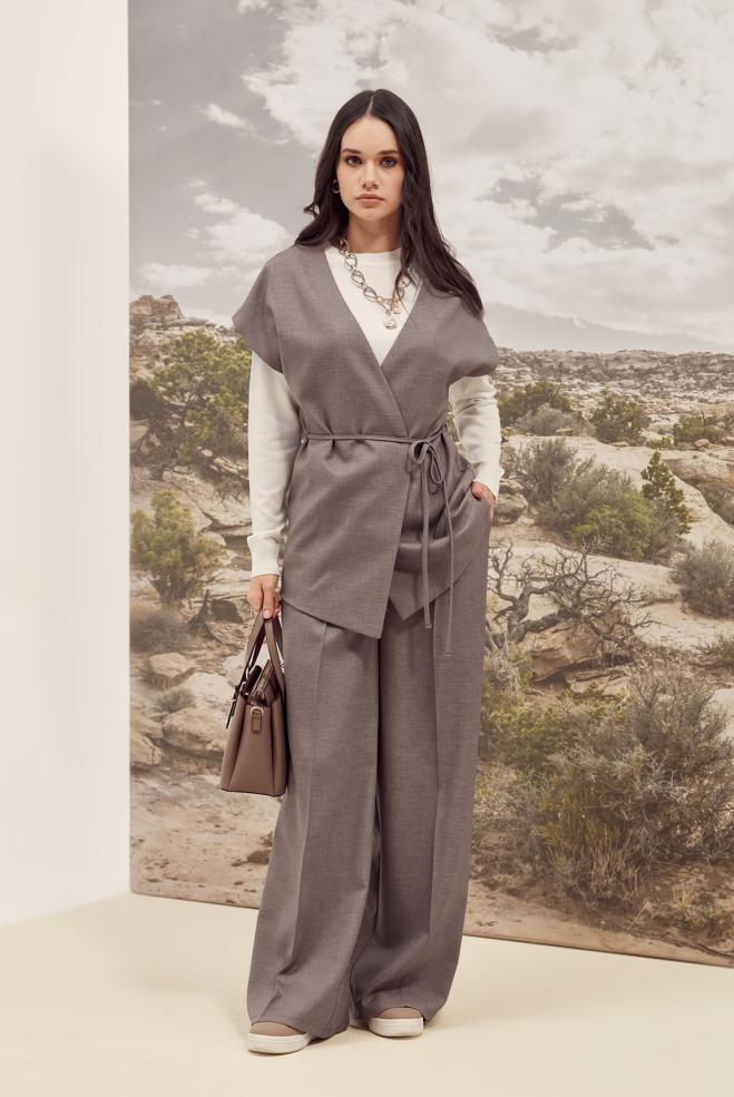 Tesettür giyim VİZON KUŞAKLI PANTOLON TAKIMI 46020 - ALVİNA