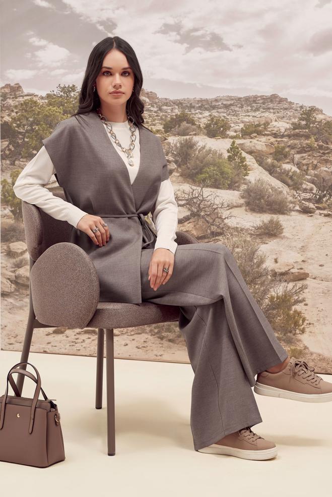 Tesettür giyim VİZON KUŞAKLI PANTOLON TAKIMI 46020 - ALVİNA