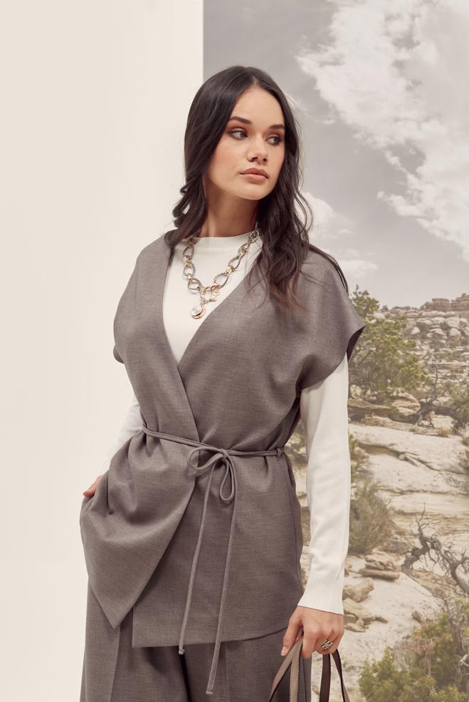 Tesettür giyim VİZON KUŞAKLI PANTOLON TAKIMI 46020 - ALVİNA