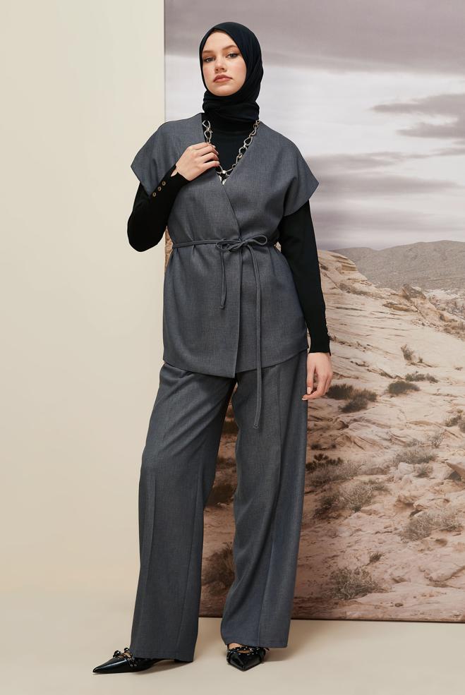 Hijab clothing GREY BELTED PANTSUIT 46020 - ALVİNA
